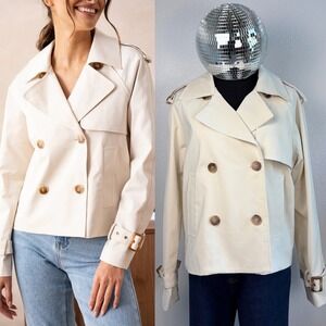 ATTENTIF PARIS Cropped Double Breasted Trench Jacket Beige, Size M, Cotton Blend